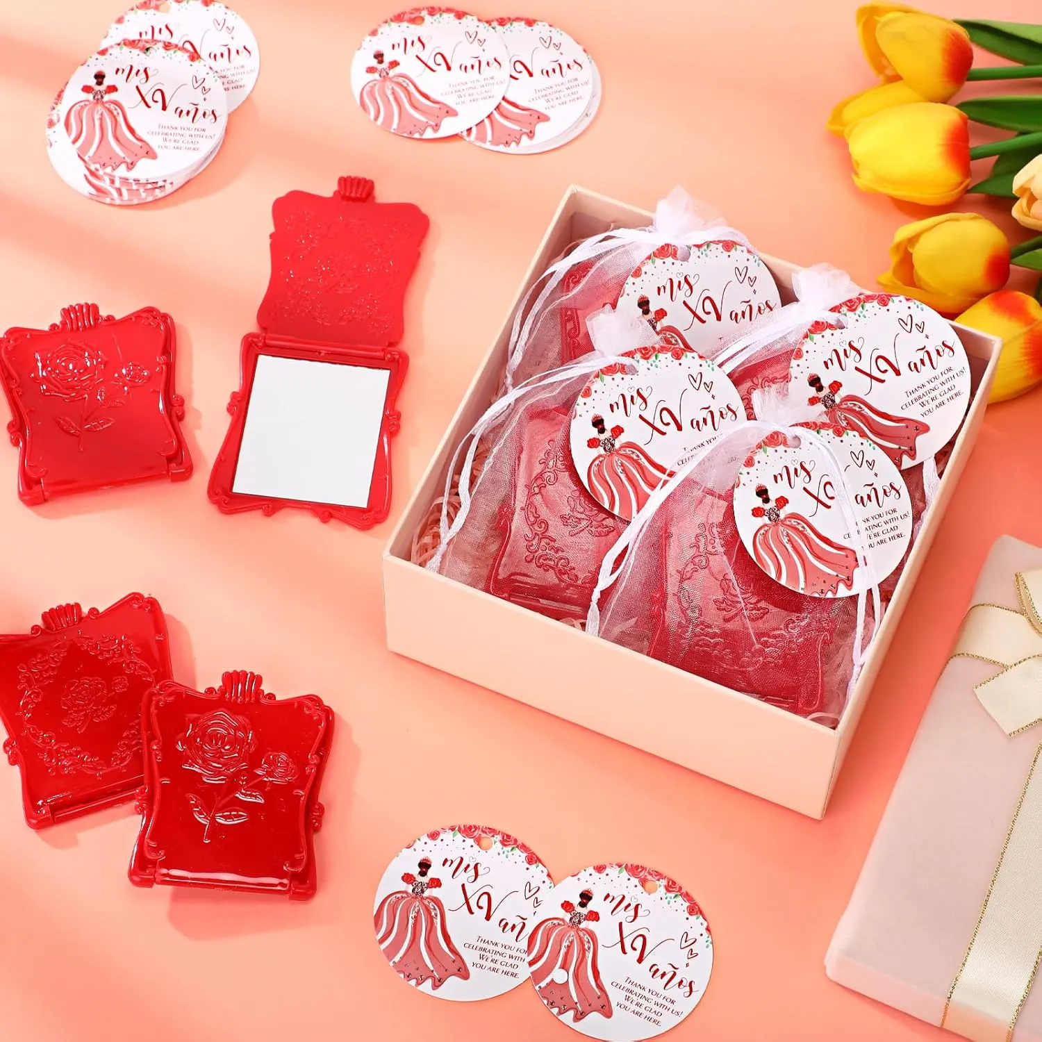 Wenqik 25 Sets Quinceanera Favors for Guests Include Square Mirror Quinceanera Cards and Organza Bags 15th Sweet Birthday Party Mis XV Años Birthday Sweet Party Favor (Red)