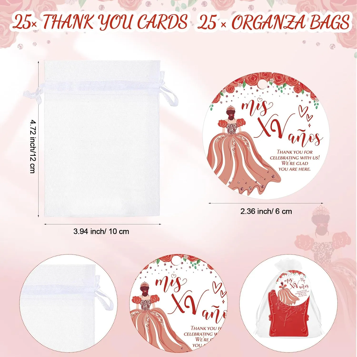 Wenqik 25 Sets Quinceanera Favors for Guests Include Square Mirror Quinceanera Cards and Organza Bags 15th Sweet Birthday Party Mis XV Años Birthday Sweet Party Favor (Red)