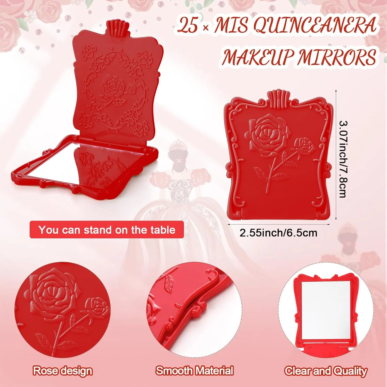 Wenqik 25 Sets Quinceanera Favors for Guests Include Square Mirror Quinceanera Cards and Organza Bags 15th Sweet Birthday Party Mis XV Años Birthday Sweet Party Favor (Red)