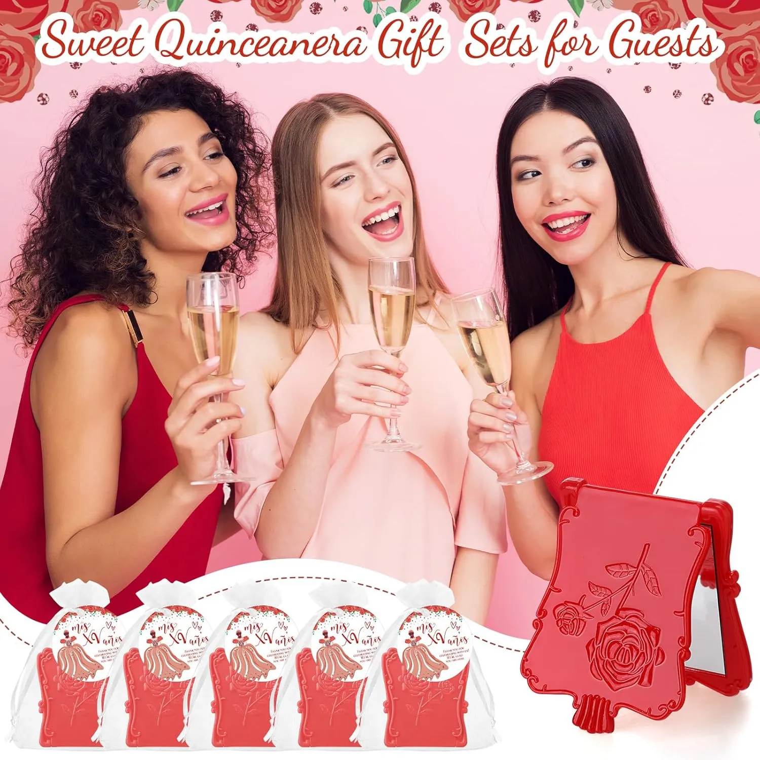 Wenqik 25 Sets Quinceanera Favors for Guests Include Square Mirror Quinceanera Cards and Organza Bags 15th Sweet Birthday Party Mis XV Años Birthday Sweet Party Favor (Red)