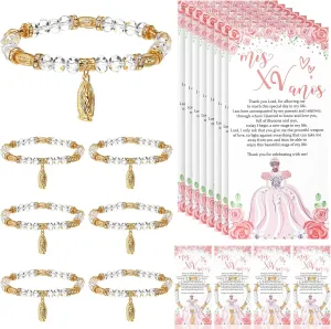 Wenqik 25 Sets Quinceanera Party Gifts Include 25 Crystal Lady Guadalupe Rosary Bracelet with Thank You Card and Organza Bag Mis Xv Años Birthday Sweet Party Souvenir for Guests