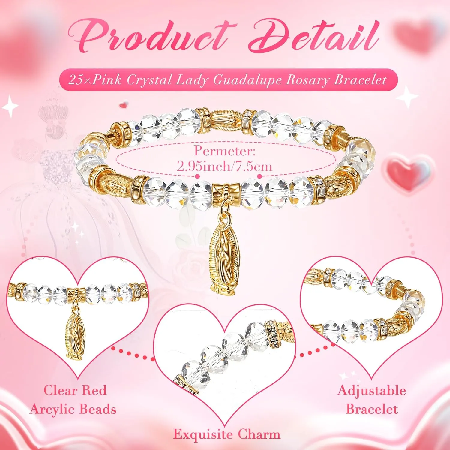 Wenqik 25 Sets Quinceanera Party Gifts Include 25 Crystal Lady Guadalupe Rosary Bracelet with Thank You Card and Organza Bag Mis Xv Años Birthday Sweet Party Souvenir for Guests