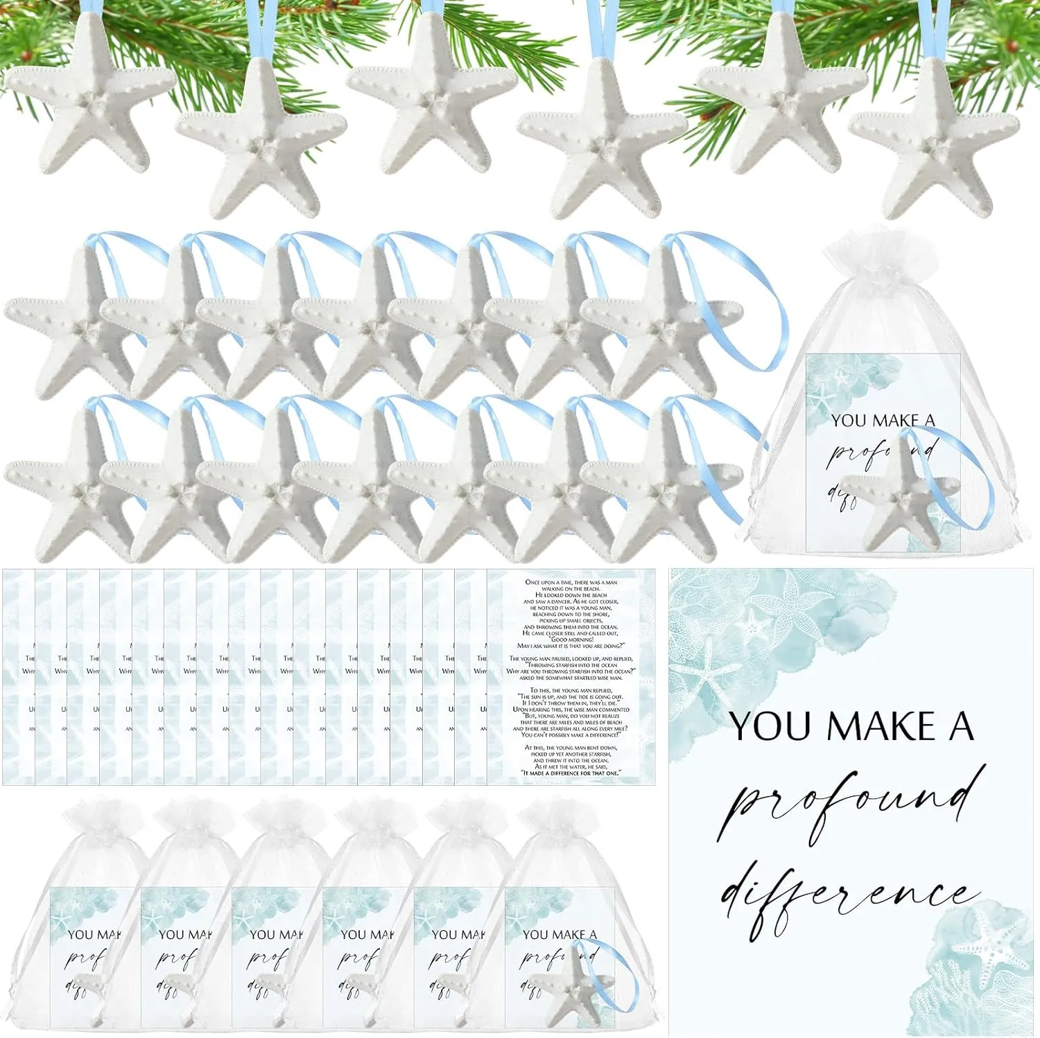 Wenqik 36 Set Starfish Ornament Starfish Story Gifts Hanging with Inspirational Cards Organza Bags Beach Decoration for Employee Volunteer Coworker Teacher