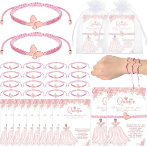 Wenqik 50 Set Quinceanera Gift for Guests Quinceanera Party Favors Butterfly Wish Adjustable Butterfly Bracelet with Wish Thank You Card Organza Bag for 15 Year Birthday Supply
