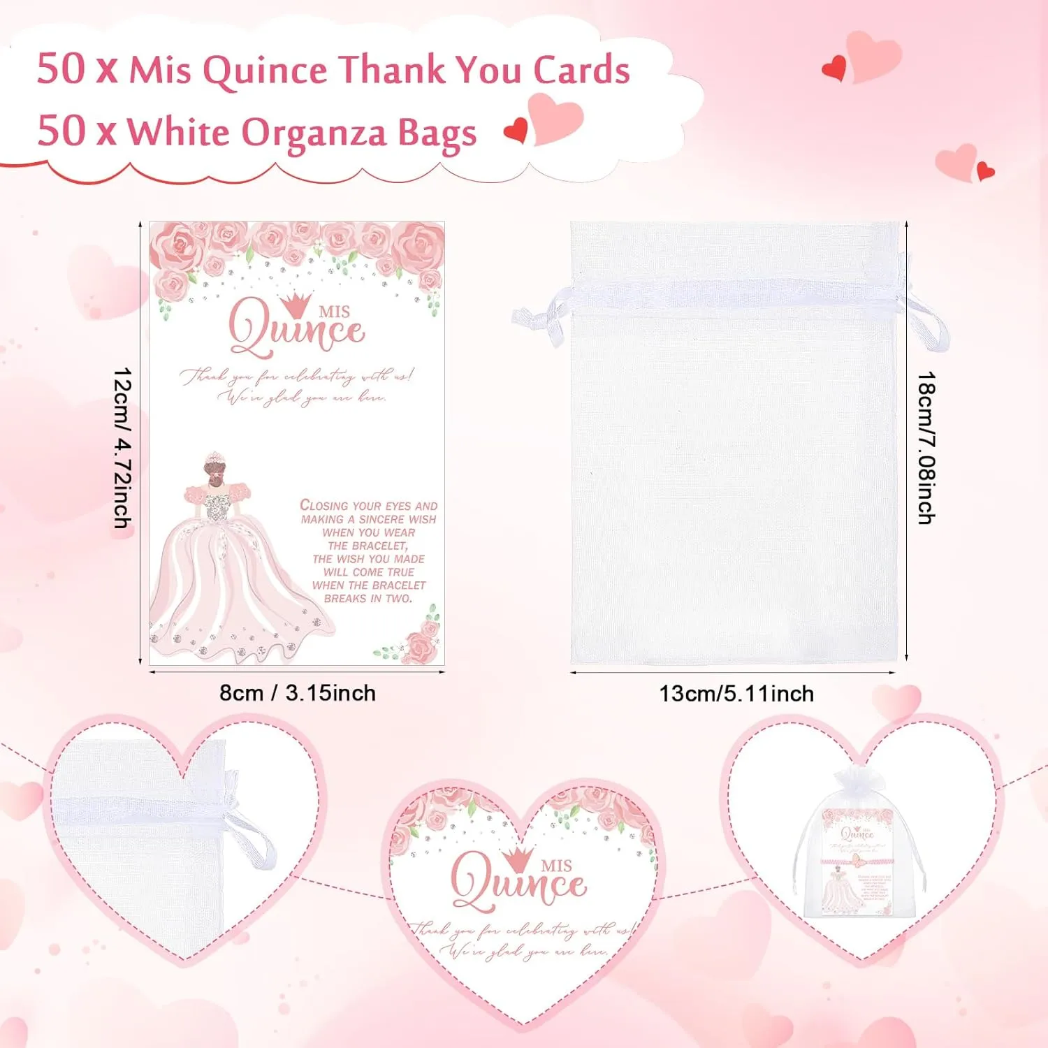 Wenqik 50 Set Quinceanera Gift for Guests Quinceanera Party Favors Butterfly Wish Adjustable Butterfly Bracelet with Wish Thank You Card Organza Bag for 15 Year Birthday Supply
