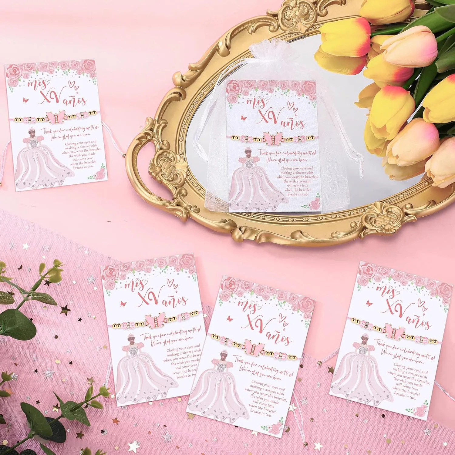 Wenqik Quinceanera Party Favor Gifts for Guests Include Pink Butterfly Wish Bracelets Adjustable Butterfly Bracelet with Wish Card and Organza Bag Sweet Mis Quince for 15 Birthday Party