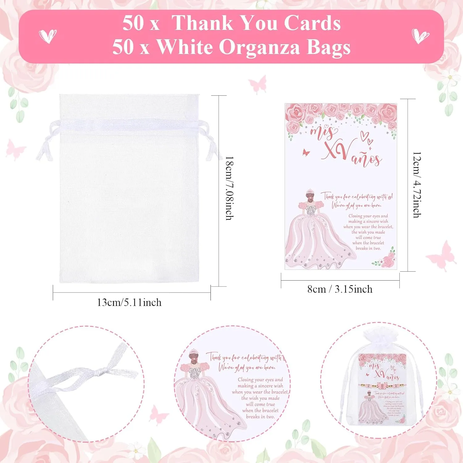 Wenqik Quinceanera Party Favor Gifts for Guests Include Pink Butterfly Wish Bracelets Adjustable Butterfly Bracelet with Wish Card and Organza Bag Sweet Mis Quince for 15 Birthday Party