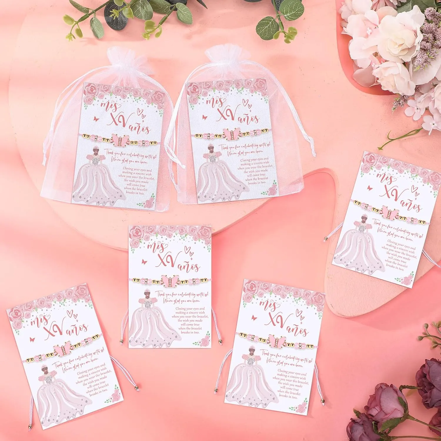 Wenqik Quinceanera Party Favor Gifts for Guests Include Pink Butterfly Wish Bracelets Adjustable Butterfly Bracelet with Wish Card and Organza Bag Sweet Mis Quince for 15 Birthday Party