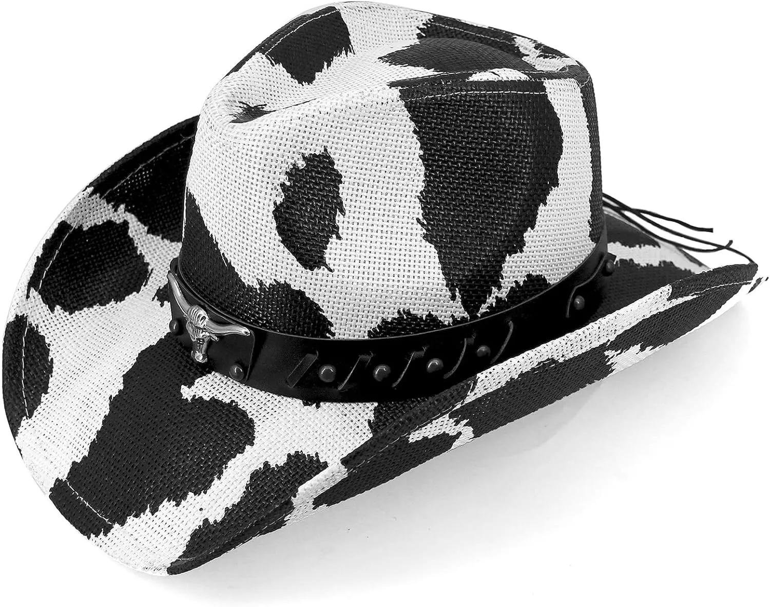 Western Cowboy Hat for Men's Women's,Straw Cowgirl Hat with Unique Metalbull Hatband Black and White Hats