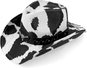 Western Cowboy Hat for Men's Women's,Straw Cowgirl Hat with Unique Metalbull Hatband Black and White Hats