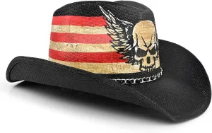 Western Rock Style Skull Pattern Cowboy Hat Cowgirl Hat Men's Women's Music Straw Sun Hats Black