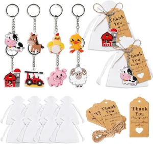 Whaline 73pcs Baby Shower Party Favors Include Farm Animal Keychains Thank You Kraft Tags White Organza Bags with Rope Cute Animal Key Rings for Kids Birthday Barnyard Party Favor Supplies, 24 Sets