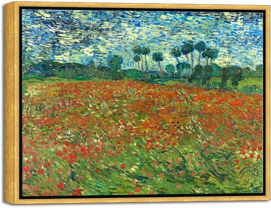Wieco Art Framed Art Poppy Field June 1890 Canvas Print of Vincent Van Gogh Oil Paintings Reproduction Abstract Wall Art for Home Decorations Bronze Gold Frame