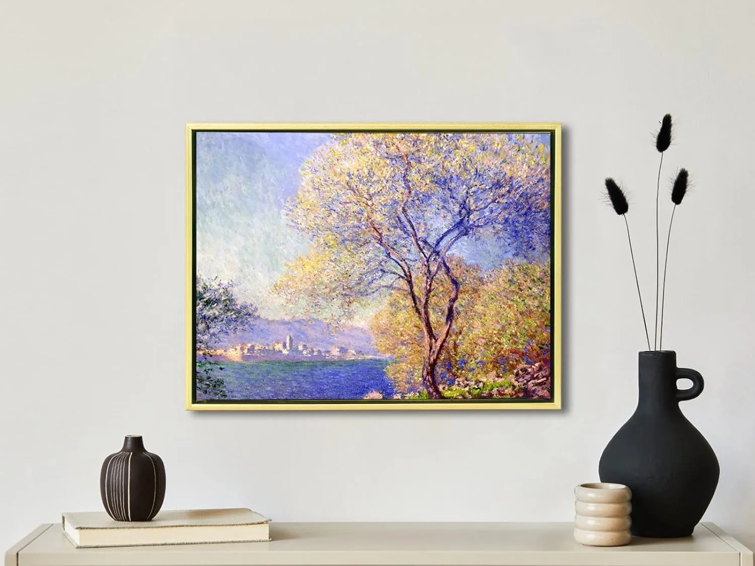 Wieco Art Framed Canvas Wall Art Antibes Seen from The Salis Garden 1988 by Claude Monet Paintings Reproduction Modern Canvas Prints on Canvas for Home Office Decorations