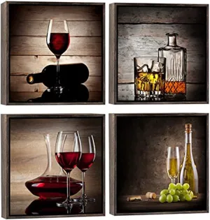 Wieco Art Framed Canvas Wall Art Red Wine Cups Modern 4 Pieces Abstract Canvas Prints Artwork Contemporary Vintage Pictures for Kitchen Wall Decorations Bar Interior Decor
