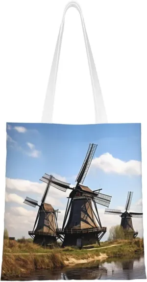 Windmills Print Canvas Tote Bags Stylish Shoulder Bag Reusable Shopping Bag Small Handbags For Women Men