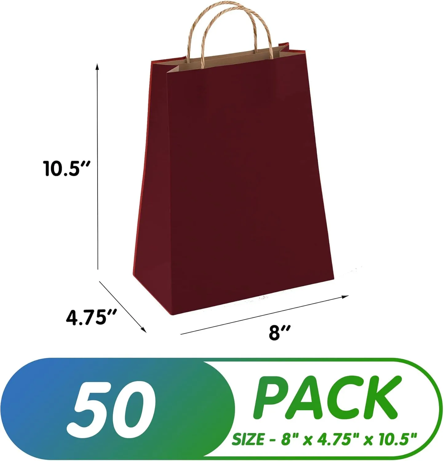 Wine Kraft Paper Bags with Handles Bulk, 8 x 4.75 x 10.5 Inch. Pack of 50 Foldable Shopping Bag, 150 GSM. Kraft Paper Gift Bags with Handles. Gift Gag Bulk for Wedding favors, Valentines Day