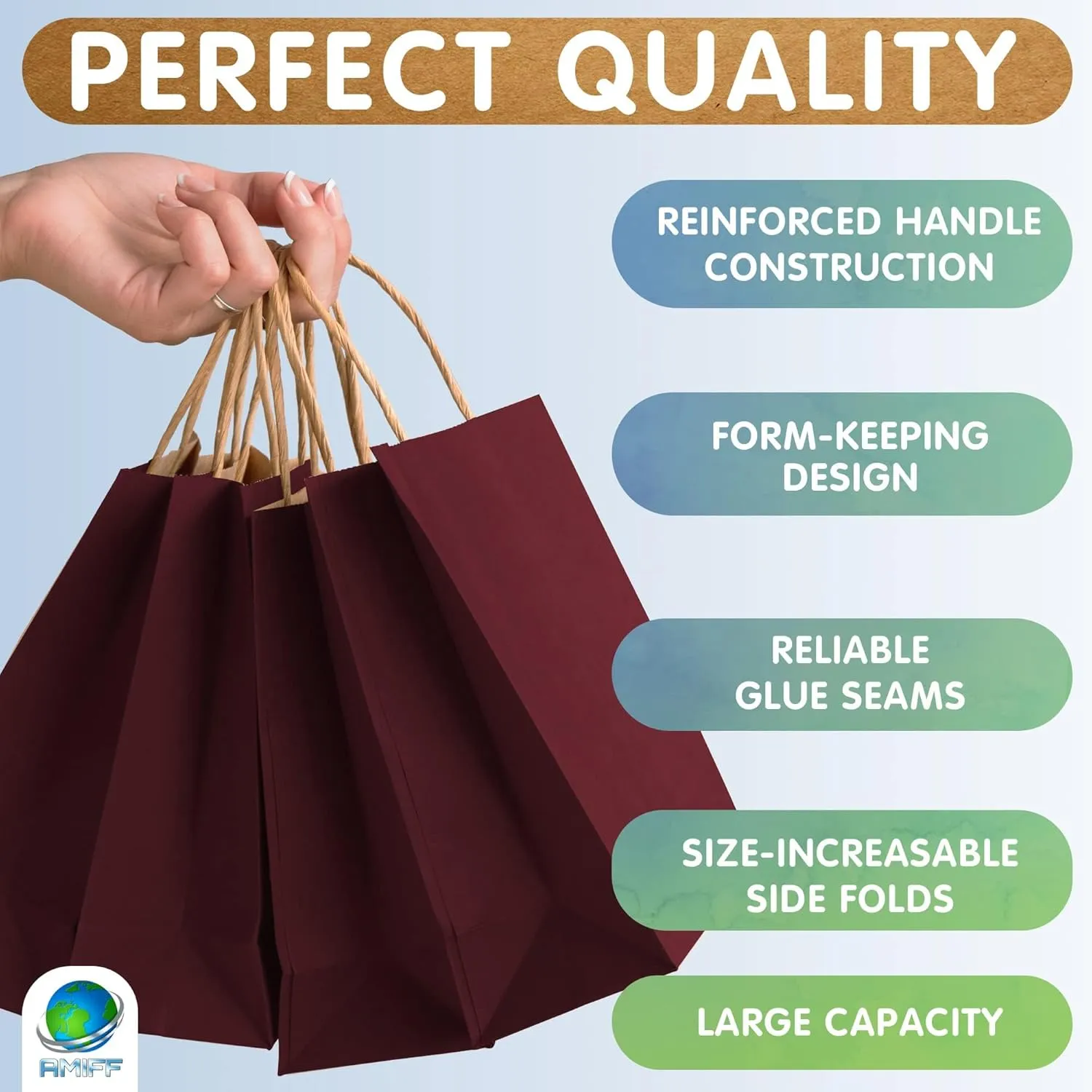 Wine Kraft Paper Bags with Handles Bulk, 8 x 4.75 x 10.5 Inch. Pack of 50 Foldable Shopping Bag, 150 GSM. Kraft Paper Gift Bags with Handles. Gift Gag Bulk for Wedding favors, Valentines Day