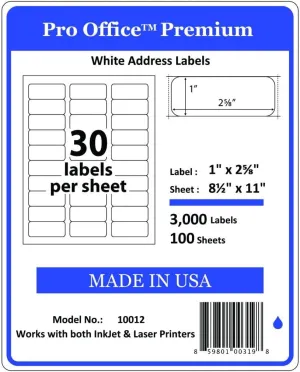 Wing Office Premium Self-Adhesive Address Labels for Laser Printers and Ink Jet Printers, White, Made in USA, 1 x 2.62 Inches