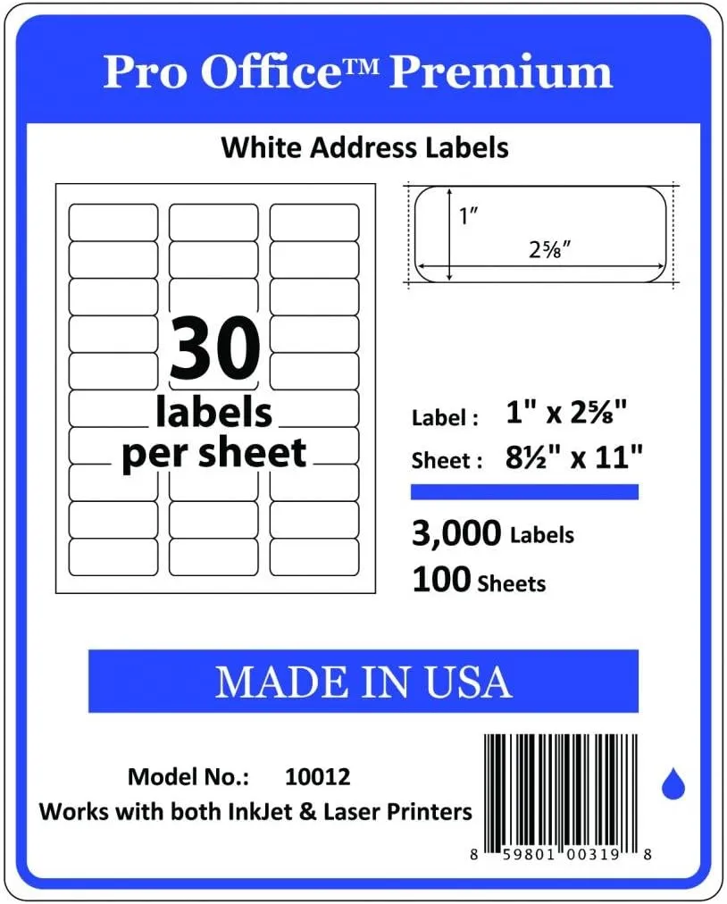 Wing Office Premium Self-Adhesive Address Labels for Laser Printers and Ink Jet Printers, White, Made in USA, 1 x 2.62 Inches