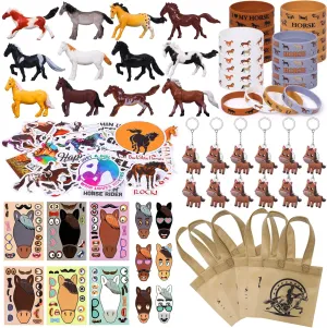 Winrayk 110Pcs Horse Birthday Party Favors Supplies, Non-Woven Gift Bags Mini Figurines Make Your Own Stickers, Gifts Toys Kids Western Cowboy Cowgirl Farm Animals Horse Birthday Party Supplies Decor