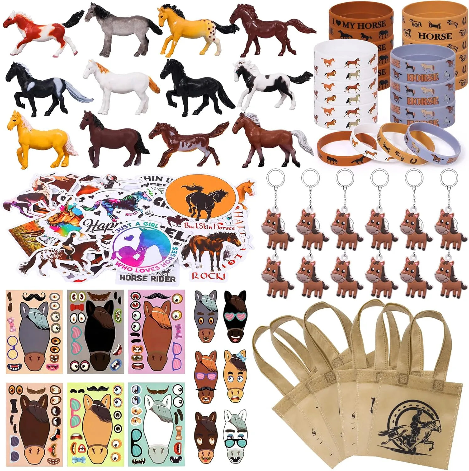 Winrayk 110Pcs Horse Birthday Party Favors Supplies, Non-Woven Gift Bags Mini Figurines Make Your Own Stickers, Gifts Toys Kids Western Cowboy Cowgirl Farm Animals Horse Birthday Party Supplies Decor