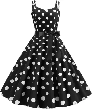 Women Casual Backless Sleeve Dresses Sexy Double Strap Vintage Polka Dot Printed A-Line Dress Beach Daily Wear