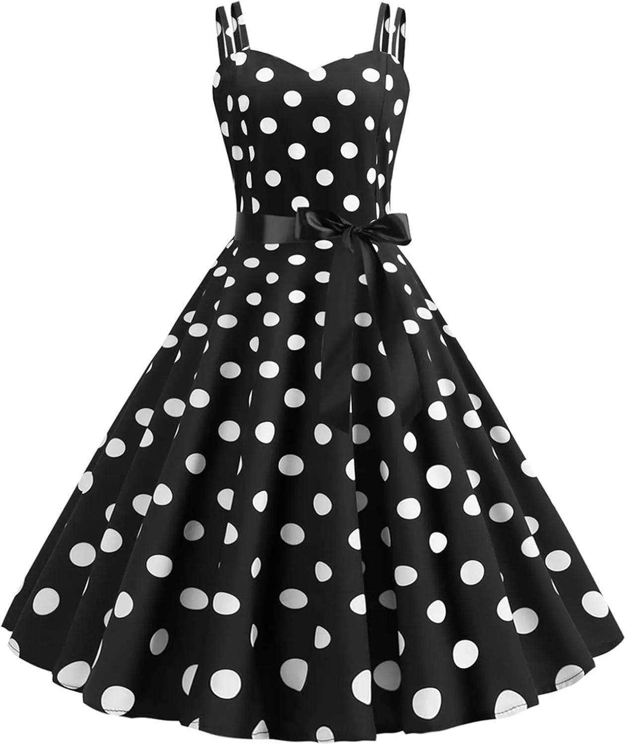 Women Casual Backless Sleeve Dresses Sexy Double Strap Vintage Polka Dot Printed A-Line Dress Beach Daily Wear