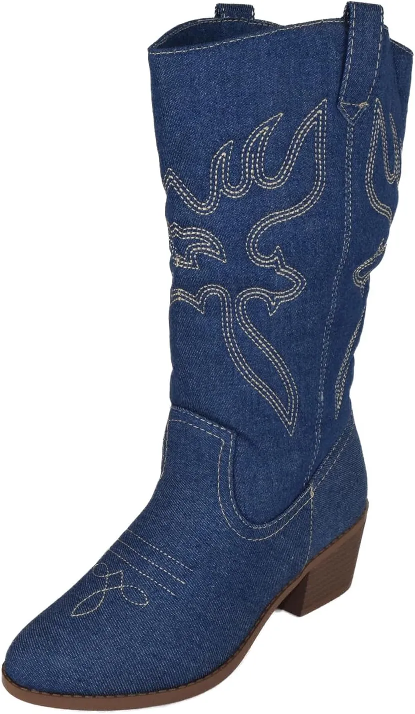 Women Cowgirl Cowboy Stitched Mid Calf Forever Boots Pointy Toe Western