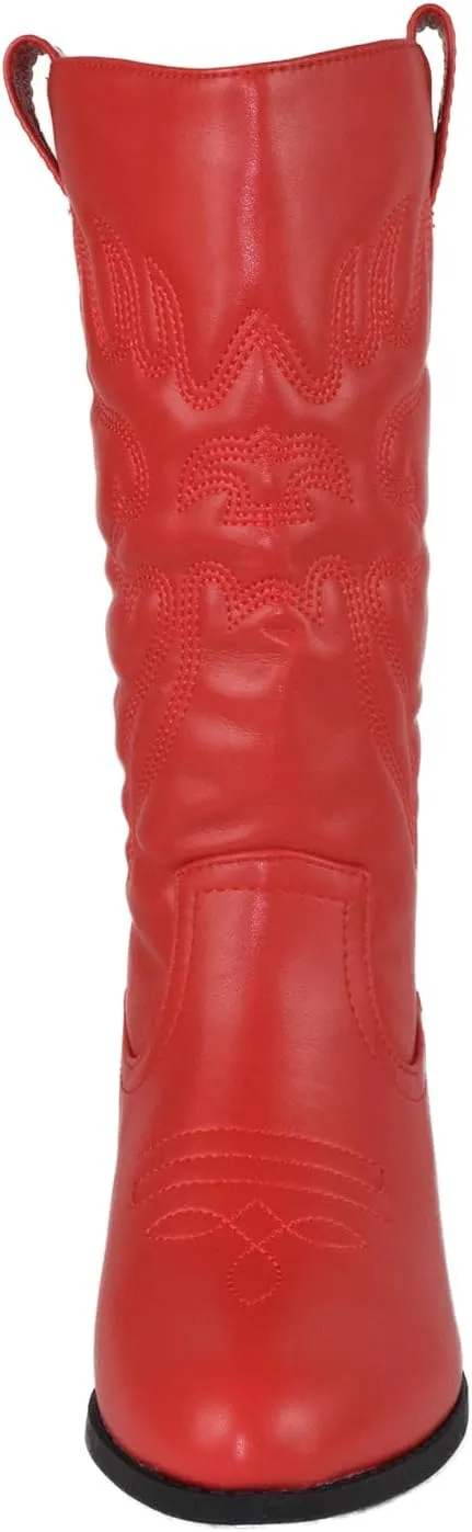 Women Cowgirl Cowboy Stitched Mid Calf Forever Boots Pointy Toe Western