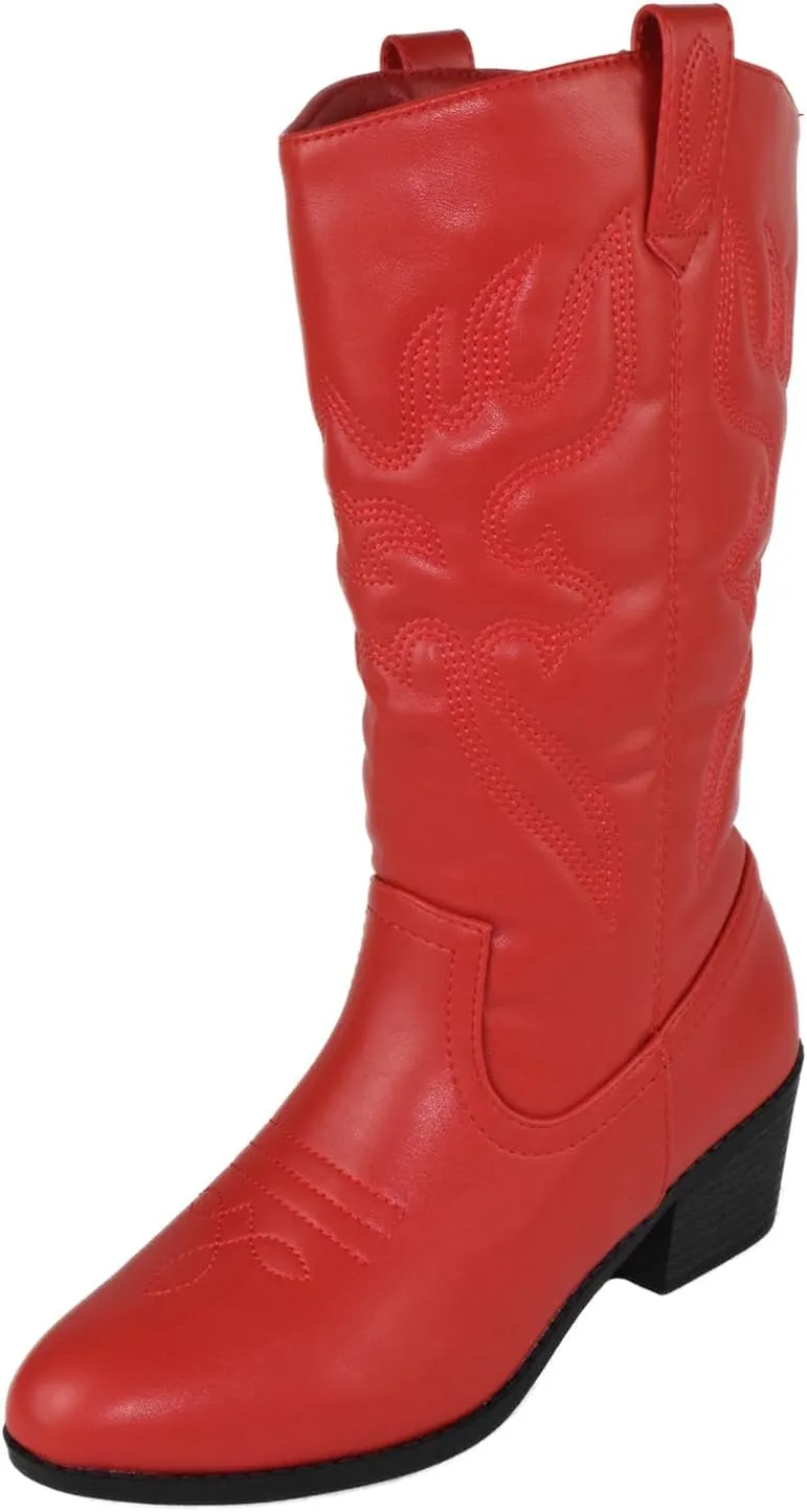 Women Cowgirl Cowboy Stitched Mid Calf Forever Boots Pointy Toe Western