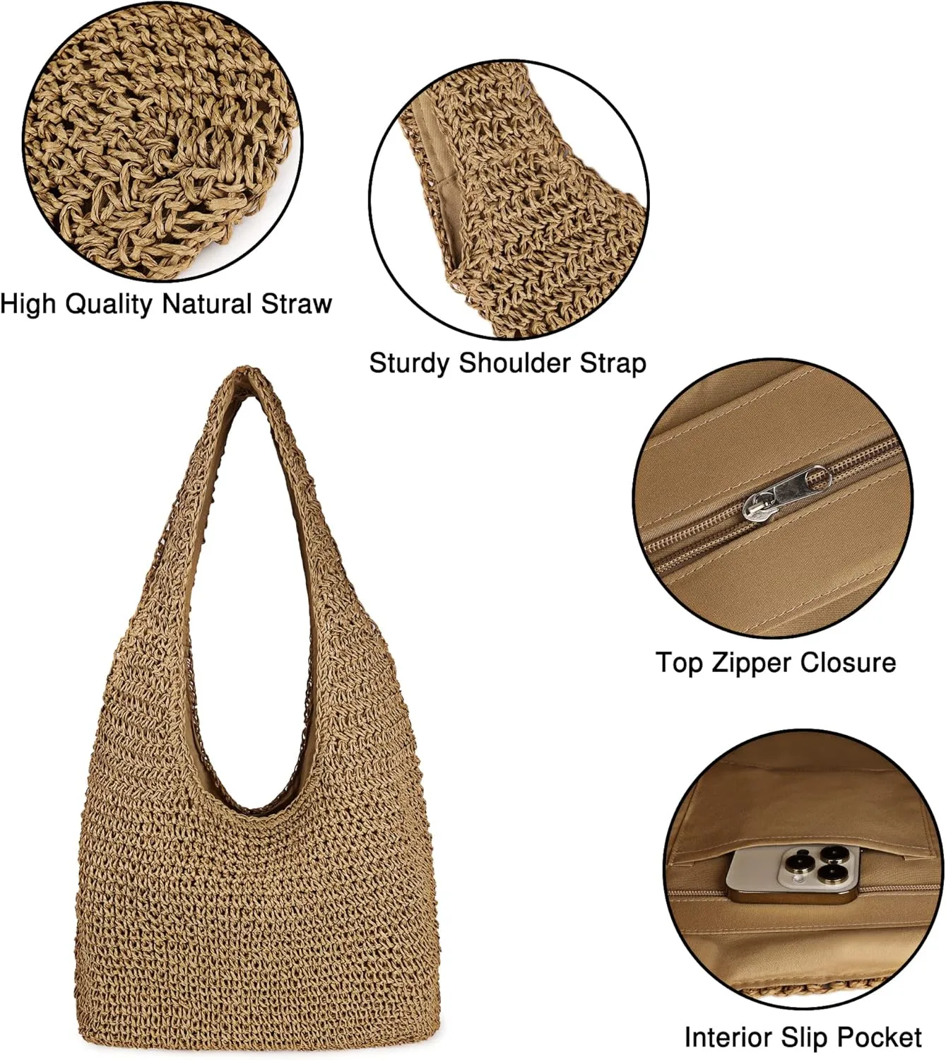 Women Large Straw Beach Bag Handmade Woven Shoulder Bags Hobo Tote Handbag Purse for Summer