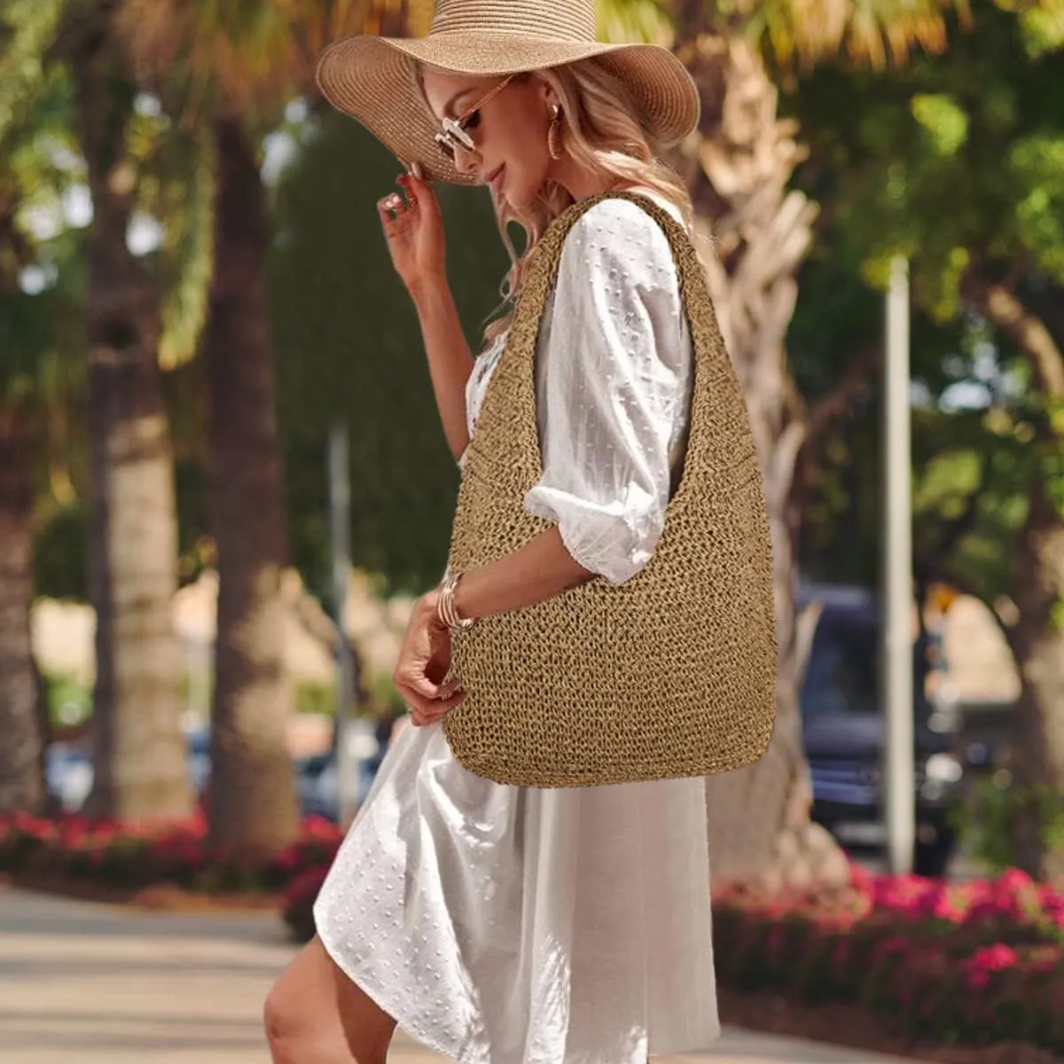 Women Large Straw Beach Bag Handmade Woven Shoulder Bags Hobo Tote Handbag Purse for Summer