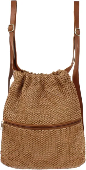 Women Medium Straw Woven Backpack Drawstring Daypack