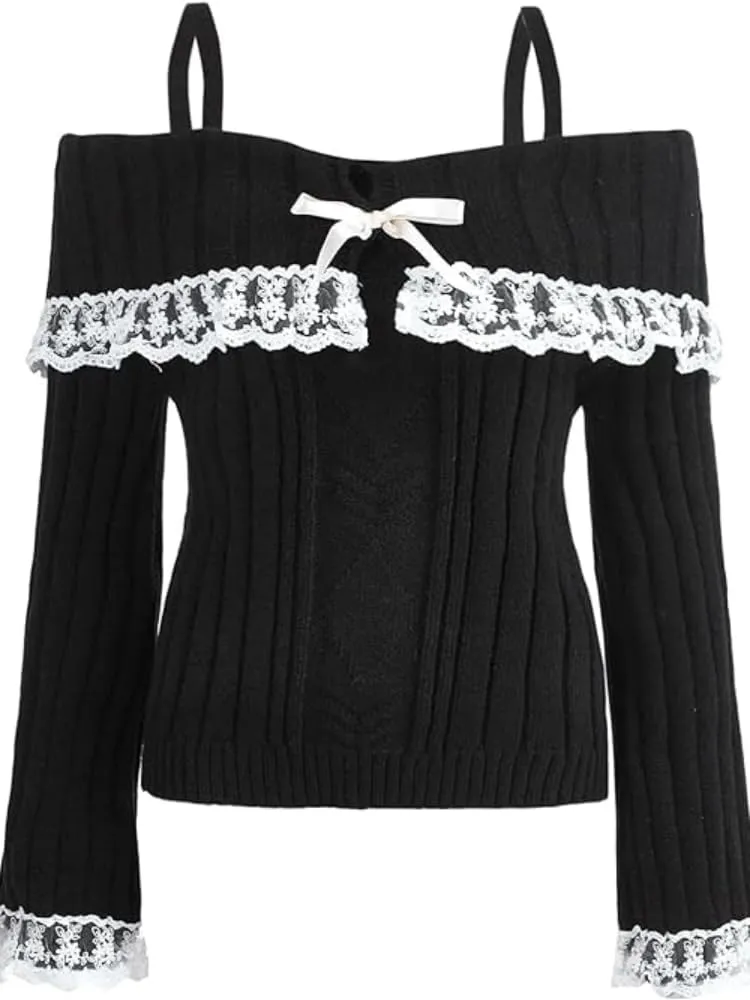 Women Off Shoulder Sweater Top Y2K Aesthetic Long Sleeve Lace Trim Knit Pullover Sweater Cutecore Kawaii Clothes