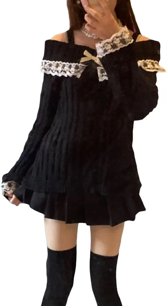 Women Off Shoulder Sweater Top Y2K Aesthetic Long Sleeve Lace Trim Knit Pullover Sweater Cutecore Kawaii Clothes