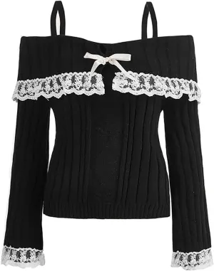 Women Off Shoulder Sweater Top Y2K Aesthetic Long Sleeve Lace Trim Knit Pullover Sweater Cutecore Kawaii Clothes
