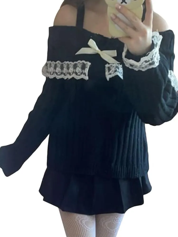 Women Off Shoulder Sweater Top Y2K Aesthetic Long Sleeve Lace Trim Knit Pullover Sweater Cutecore Kawaii Clothes
