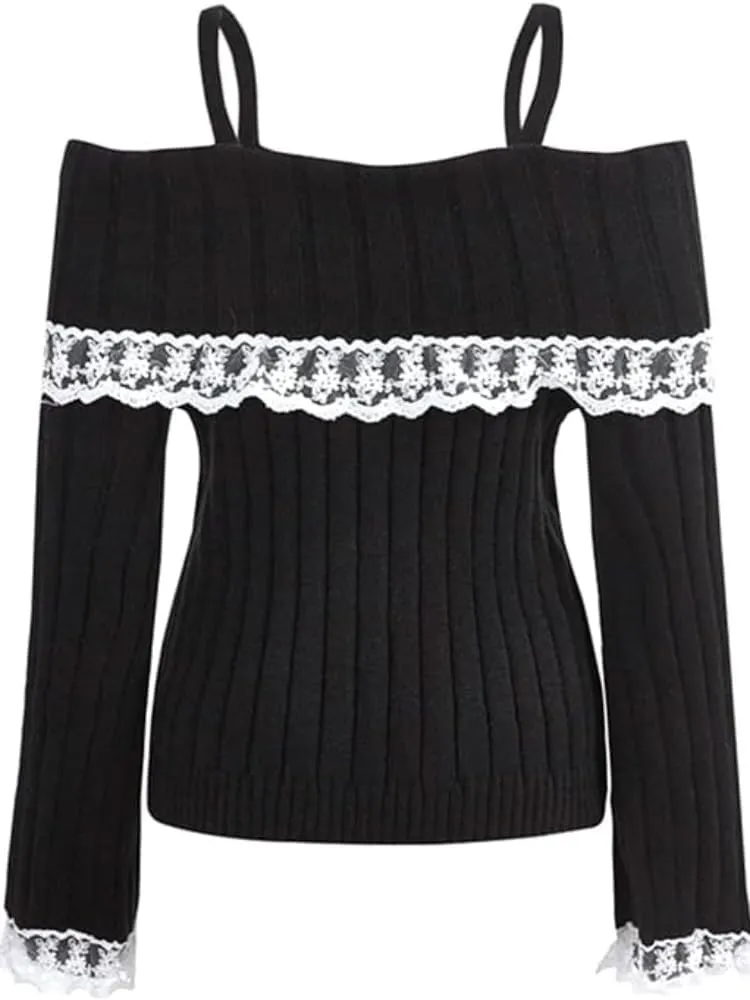 Women Off Shoulder Sweater Top Y2K Aesthetic Long Sleeve Lace Trim Knit Pullover Sweater Cutecore Kawaii Clothes