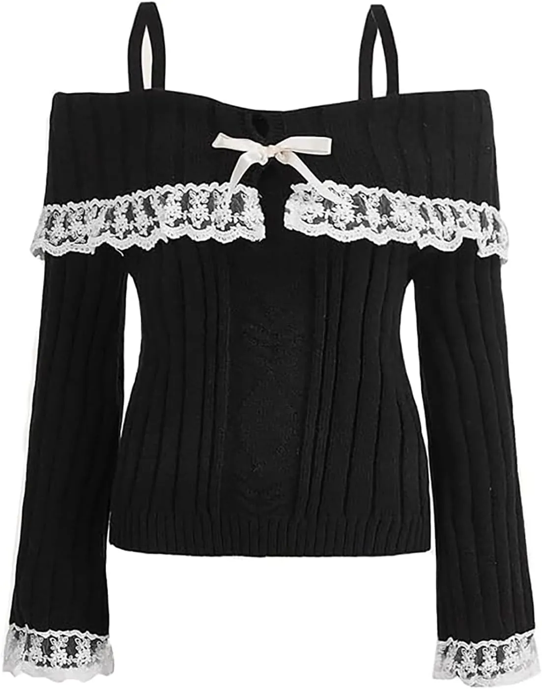 Women Off Shoulder Sweater Top Y2K Aesthetic Long Sleeve Lace Trim Knit Pullover Sweater Cutecore Kawaii Clothes