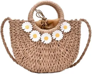 Women Straw Woven Chic Tote Medium Beach Bag Daisy Hobo Basket Handbag Cute Rainbow Ribbon Summer Handwoven Shoulder Bag (AKhaki)