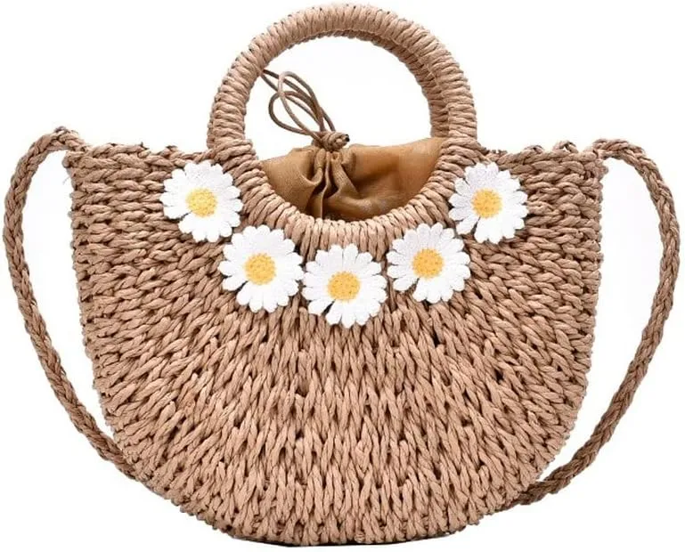 Women Straw Woven Chic Tote Medium Beach Bag Daisy Hobo Basket Handbag Cute Rainbow Ribbon Summer Handwoven Shoulder Bag (AKhaki)