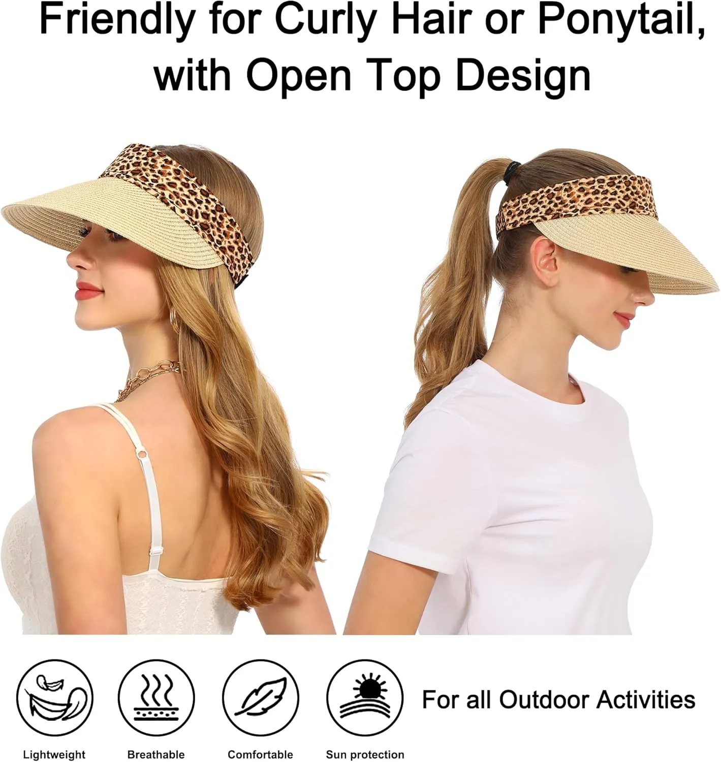 Women Wide Brim Straw Visor Sun Hat UV Protection Packable Beach Cap for Summer UPF 50 