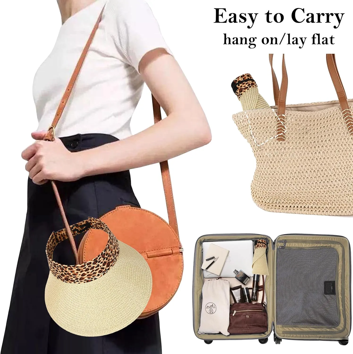 Women Wide Brim Straw Visor Sun Hat UV Protection Packable Beach Cap for Summer UPF 50 