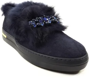 Women's Blue Suede Comfort Flat Winter Loafers with Fur Trim and Lining