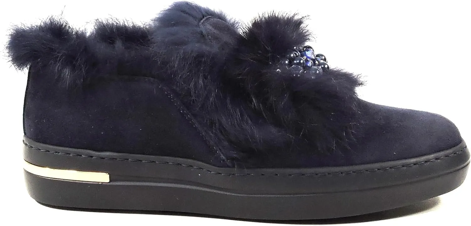 Women's Blue Suede Comfort Flat Winter Loafers with Fur Trim and Lining