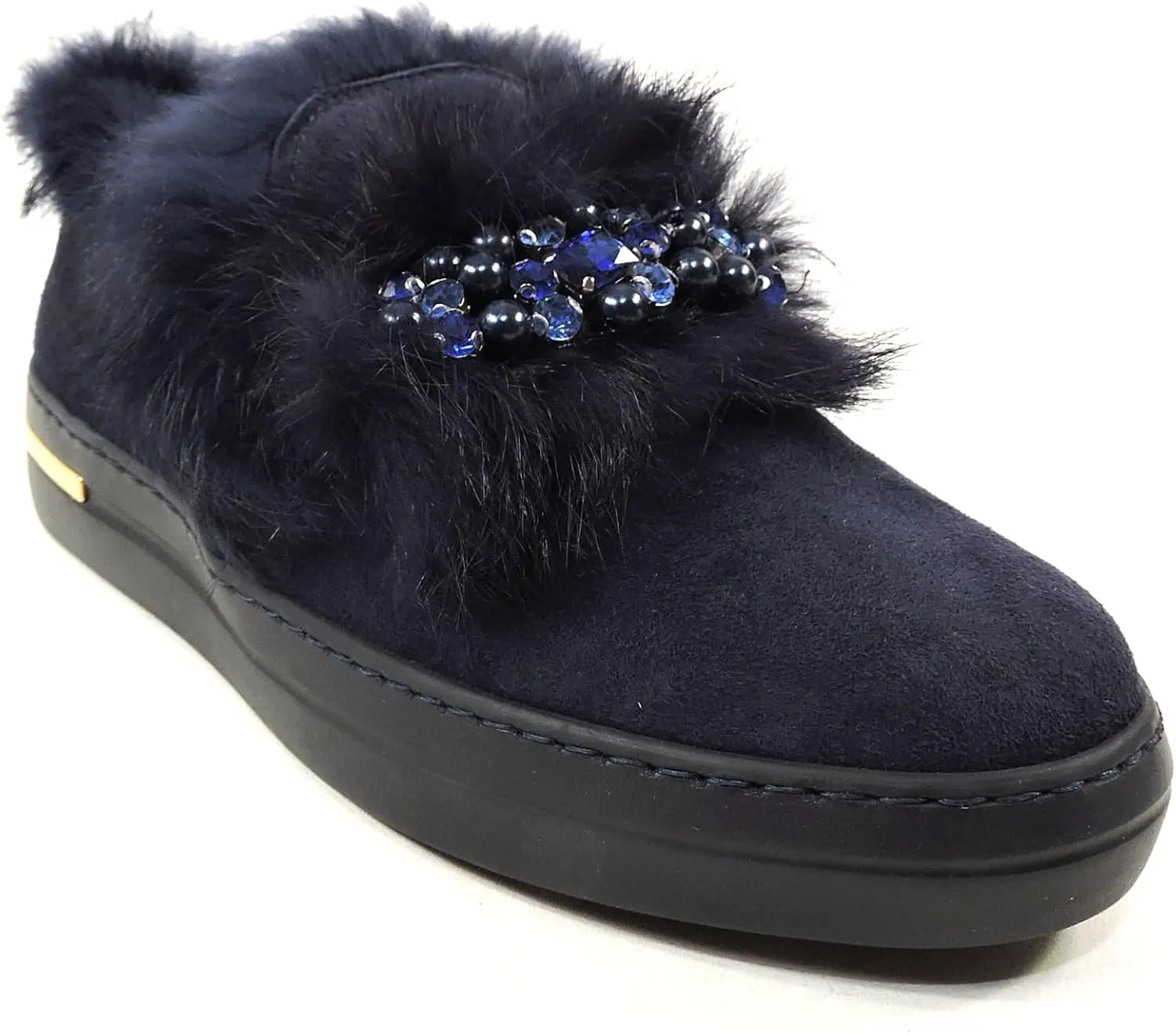 Women's Blue Suede Comfort Flat Winter Loafers with Fur Trim and Lining