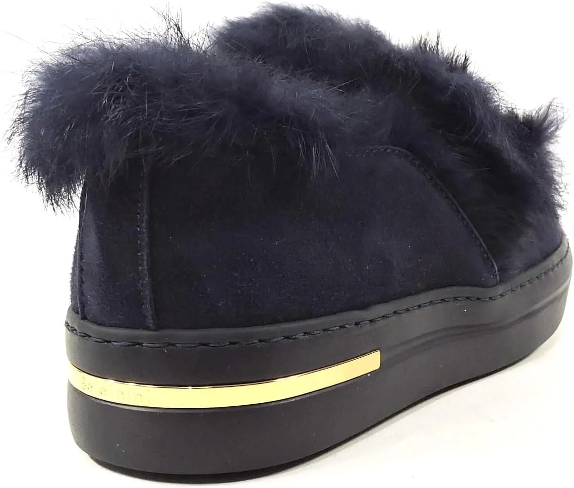 Women's Blue Suede Comfort Flat Winter Loafers with Fur Trim and Lining
