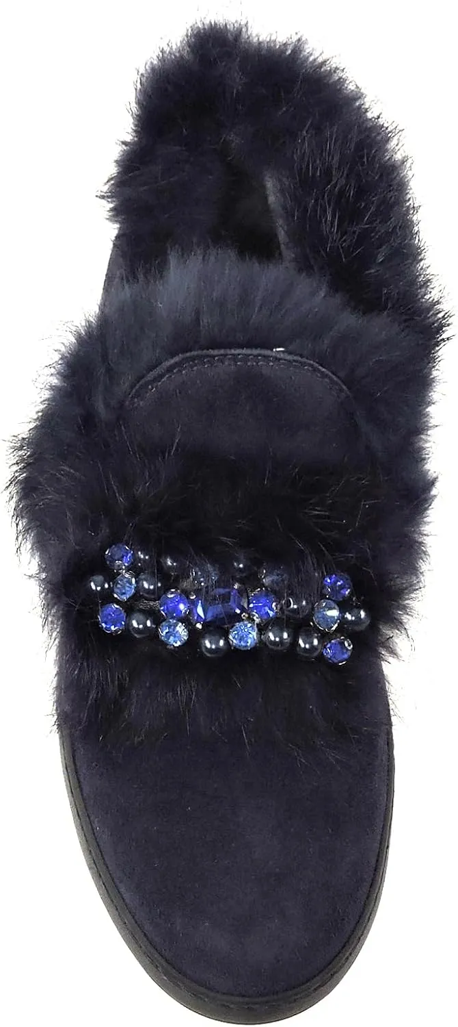 Women's Blue Suede Comfort Flat Winter Loafers with Fur Trim and Lining