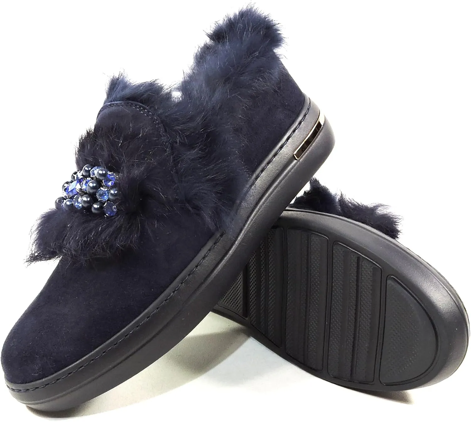 Women's Blue Suede Comfort Flat Winter Loafers with Fur Trim and Lining